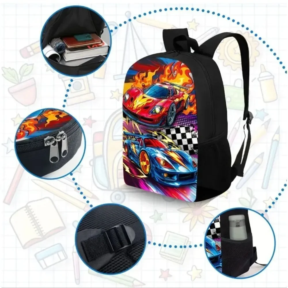Racecars Fire Finishline Bookbag/Backpack Lunch Bag Pencil Case Set